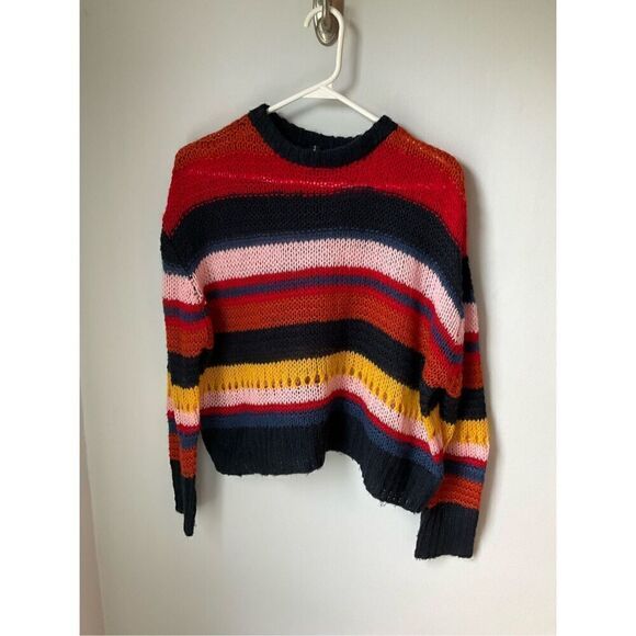 Moon and Madison Multicolor Striped Sweater Anthro Open Knit Dopamine Slouchy. S - Picture 4 of 9